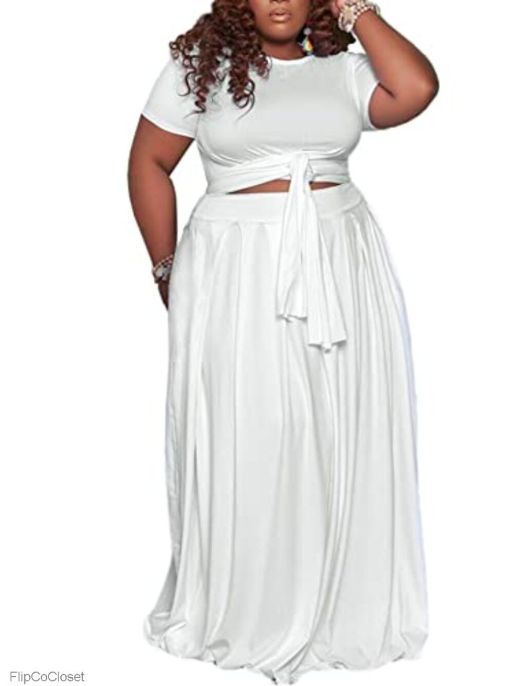 Plus Size 2 Piece Maxi Skirt Set Crop Top Polyester Spandex Summer